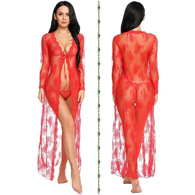 Toucheart Sexy Lace Mesh Transparent Sexy Robe Nightgown Women's See-Through Lace Printing Deep V-Neck Home Ultrathin Nightgown