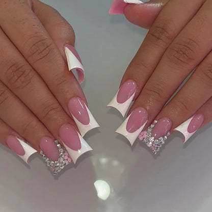 24pcs Duckbill Shaped Fake Nails Gold Butterfly Rhinestone Design False Nail Tips Wearable Full Cover French Press on Nails