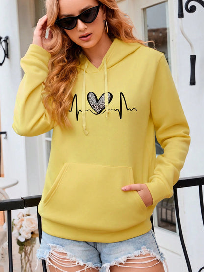 Fluctuating Leopard Heart Electrocardiogram Pattern Hoodie For Women Fashion S-Xxl Hoody Autumn Pocket Clothes Street Casual Top