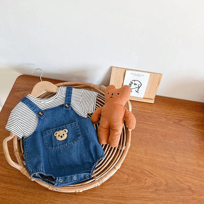 Summer Baby Clothing Set Newborn Girls Striped T-shirt and Denim Bodysuits 2Pcs Boys Cool Suits