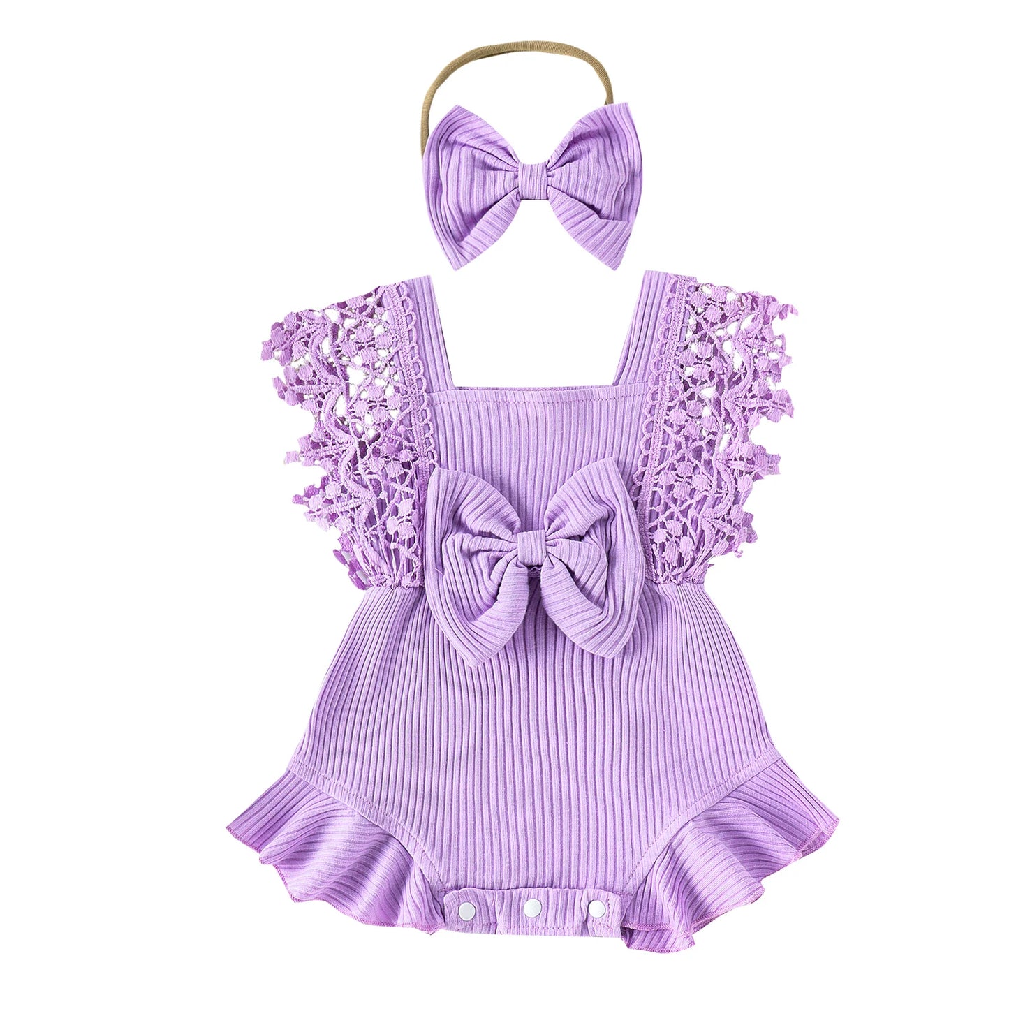 Tregren 0-18M Infant Baby Girls Summer Rompers Cute Lace Sleeve Round Neck Ruffle Bodysuits with Headband Casual Newborn Clothes