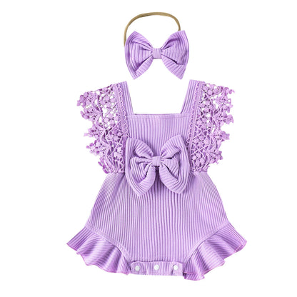 Tregren 0-18M Infant Baby Girls Summer Rompers Cute Lace Sleeve Round Neck Ruffle Bodysuits with Headband Casual Newborn Clothes