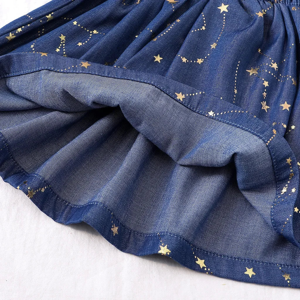 Baby Girl Summer Dress Golden Star Pattern Puff Sleeve Blue Princess Dress Fashion Party Dress for Kids Girl 3-24 Months