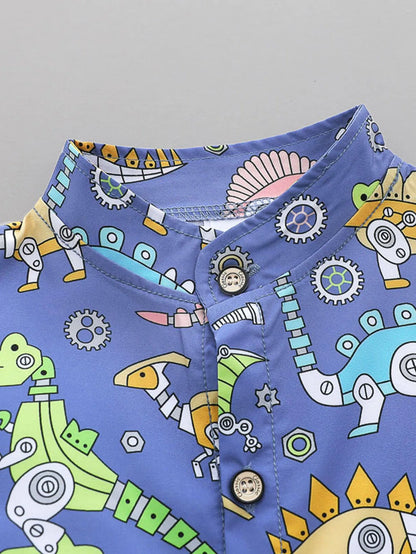 2PCS baby and toddler summer full print cartoon machine dinosaur pattern standing collar shirt short sleeved shorts set