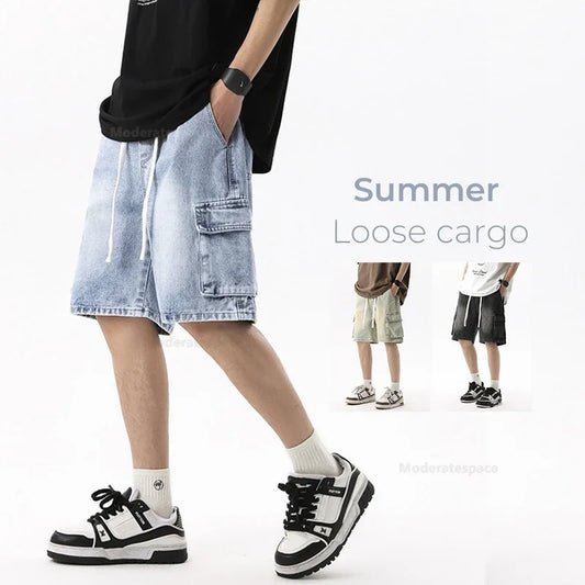 Summer Retro Fashion Denim Shorts for Men Loose Straight Leg Multi-pocket Short Jeans With Elastic Waist and Drawstring Male