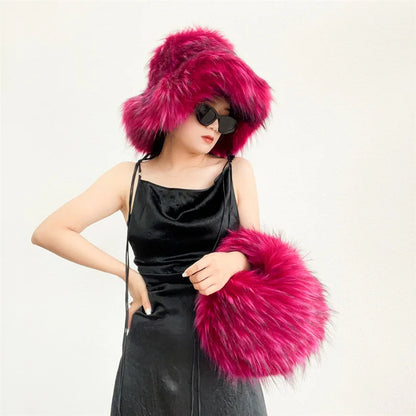 Fur bucket hat and bag set Women's warm plush autumn and winter hat Punk style imitation raccoon fur basin hat and handbag