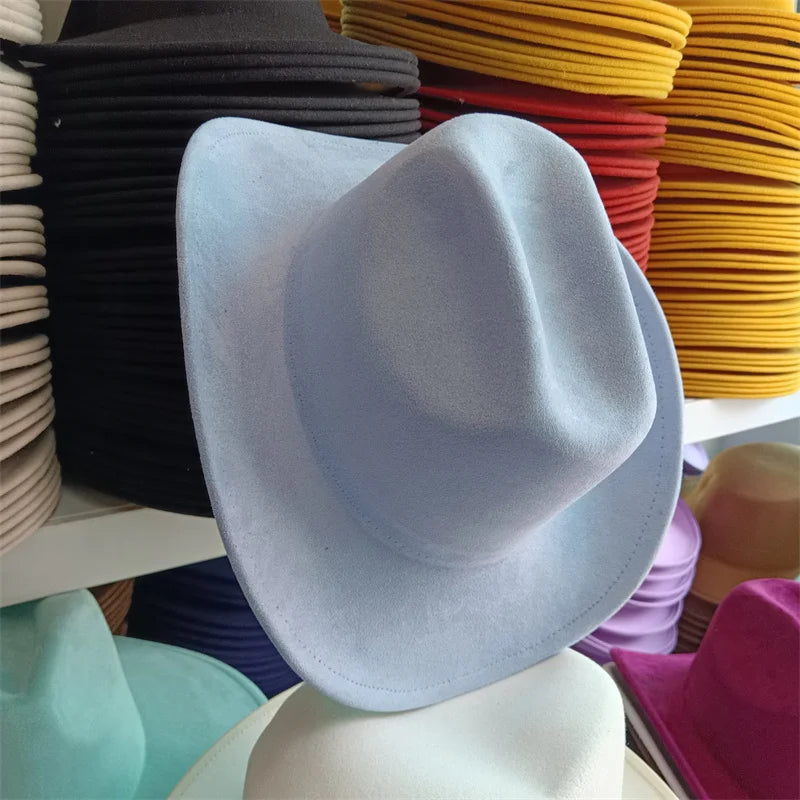 Western suede leather 7.5CM Western denim women's Fedora hat men's church jazz hat fashion travel party hat denim hat 2024