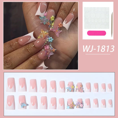 24pcs medium fake nail white French duck feet, colorful 3d butterfly flowers design, full cover press on nail，suitable for women