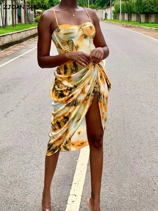 Women Vintage Yellow Tie dye Flower print  Spaghetti Strap Dress Hem Slim Waist Slit Irregular Long Dresses Sling Vestido