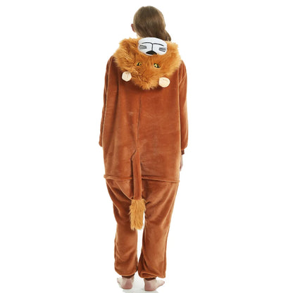 Kigurumi Adult Animal Costume Lion Onesie Plus Size Anime Brown Plush Pajamas Halloween Party Men Women Sleep Jumpsuits Pyjamas