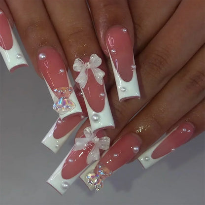 24Pcs Simple Blue French Fake Nails with Diamond Love Pattern Design False Nails Press on Mid-length Ballet Full Cover Nail Tips