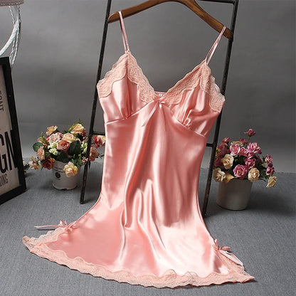 Women Satin Skin-friendly Comfortable Nightdress Sexy Lace Bowknot Pajamas Deep V Neck Thin Straps Robe Dress Soft Sleepwear