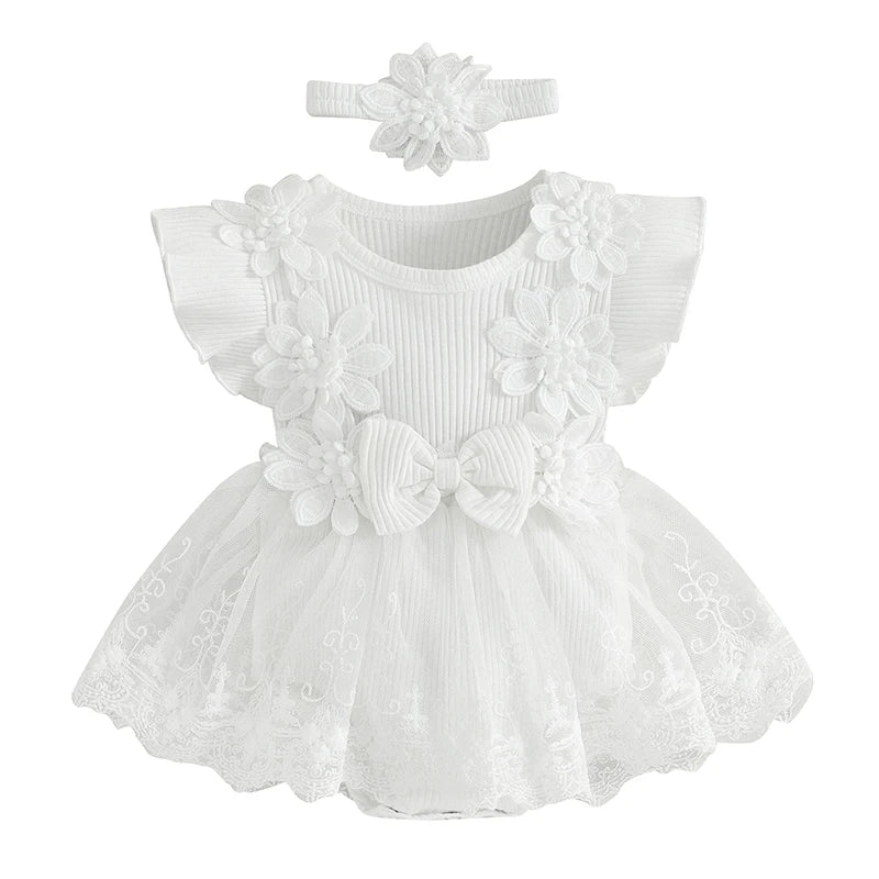 Infant Baby Girl Lace Romper Baby Tulle Dress Romper Flowers Bodysuit Spring Summer Festival Clothes with Headband