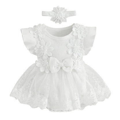 Infant Baby Girl Lace Romper Baby Tulle Dress Romper Flowers Bodysuit Spring Summer Festival Clothes with Headband