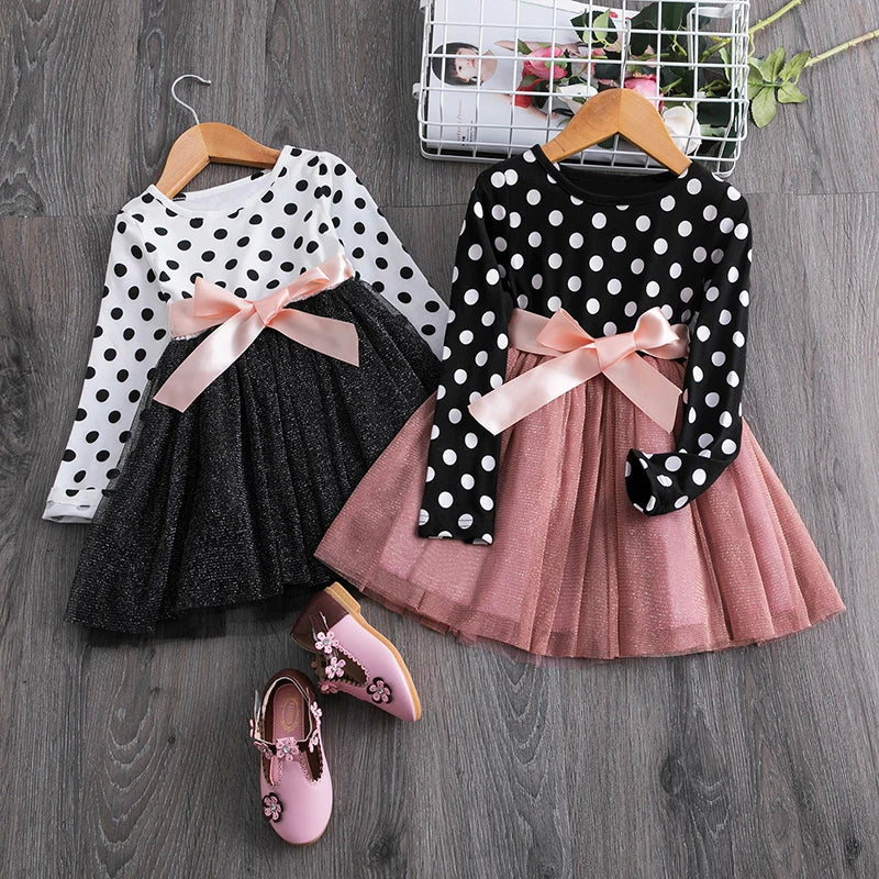 Dress for Girls Children Clothes Autumn Winter Full Sleeve Dress Birthday Party Dress Princess Polka Dot Fluffy Skirt 3-8 Years