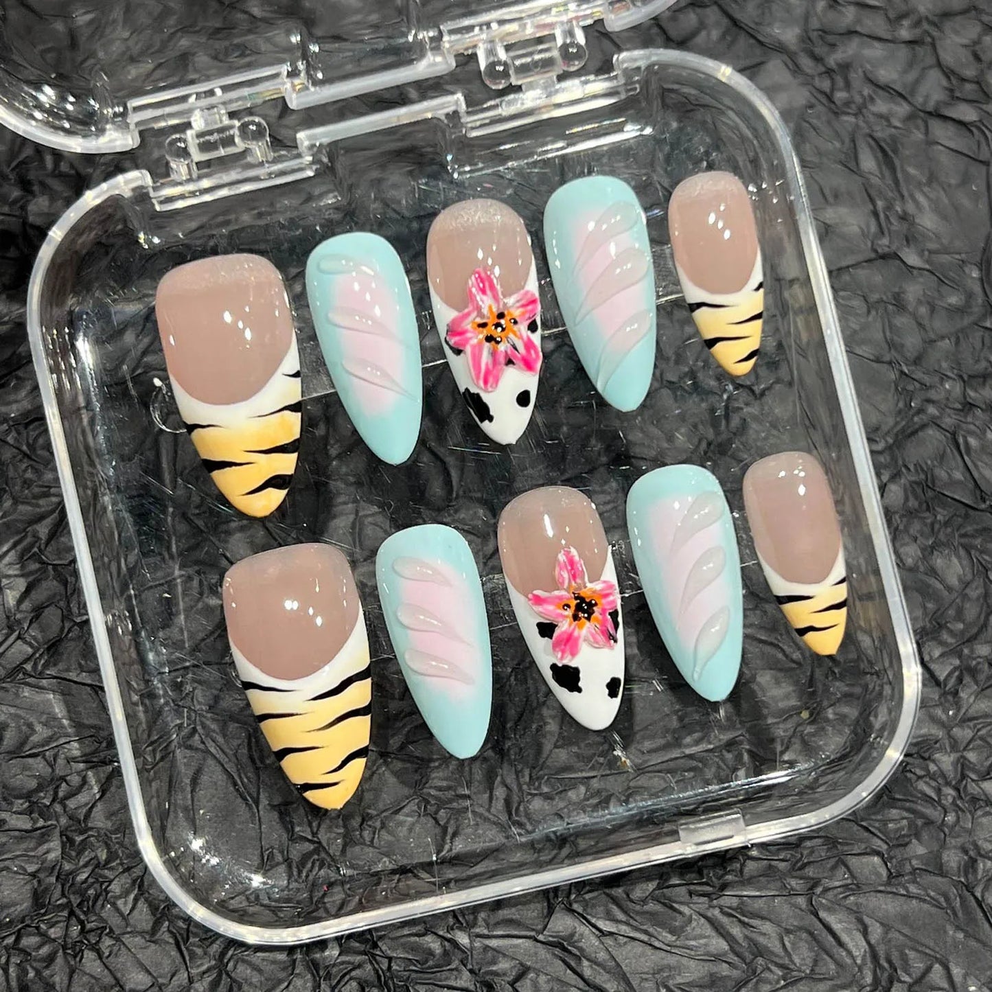 10pcs Handmade Press On Nails Black Pink French Style False Nails With Hand Painted 3D Flower Designs Short T Summer Nails Tips