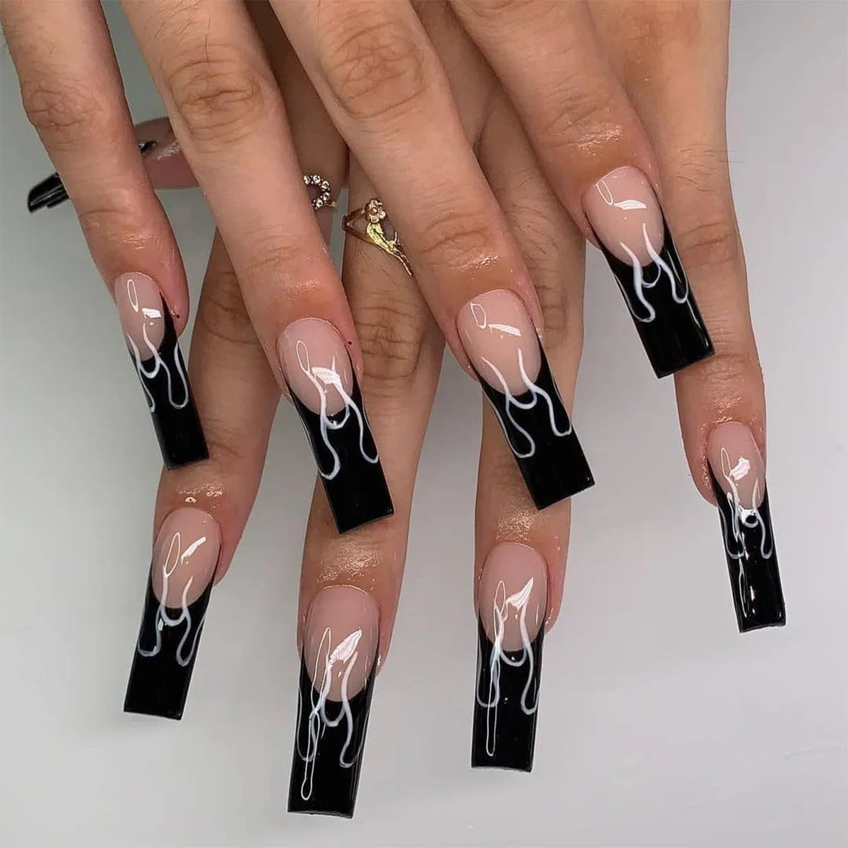 24Pcs Coffin False Nails with Butterfly Design Long Ballet Fake Nails Black French Press on Nails Wearable Manicure Nail Tips