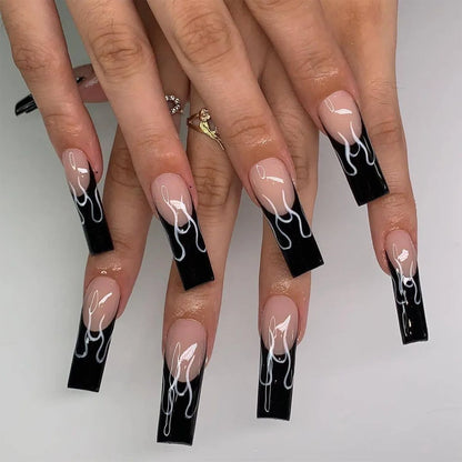 24Pcs Coffin False Nails with Butterfly Design Long Ballet Fake Nails Black French Press on Nails Wearable Manicure Nail Tips