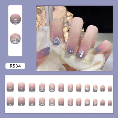 Vintage Camellia Wearable Pink Press on Fake Nails Tips with Glue False Nails Design Butterfly Lovely Girl False Nails