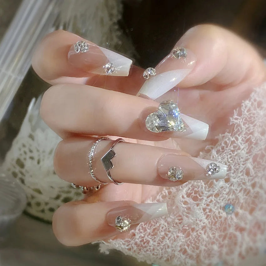 24Pcs Long Ballerina Fake Nails Sparkly Diamond Designs Press on Nails White Pearl Clear False Nails for Women Bride Wedding