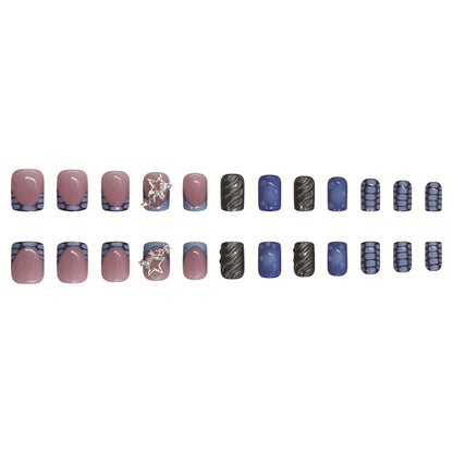 24pcs Short Fake Nails 3D Wave Sliver Star Design Blue French Press on Nails for Girls Full Cover Wearable Short False Nail Tips