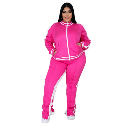 Plus Size L-5XL Two Piece Set Women Sweatsuit Zip Striped Top Slit Sweatpants Jogger Outfit Matching Set Wholesale Dropshipping