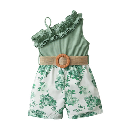 Brand New Kids Girls Jumpsuits Casual Clothes Summer New Children Toddler Fashion Floral Print Overalls with Belt Outfits 1-5Y