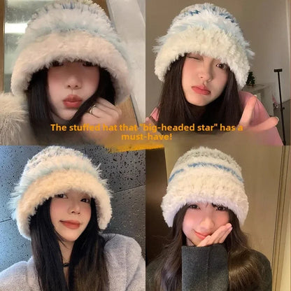 Japan Fashion Plush Fisherman Hat Women's Autumn and Winter Make Your Face Look Smaller  Rabbit Fur Knitted Hat Big H...