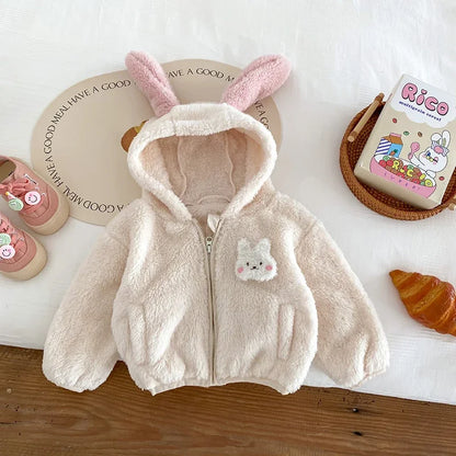 Cute Rabbit Ears Plush Baby Jacket Sweet Princess Girls Coat Autumn Winter Warm Hooded Outerwear Toddler Girl Clothes