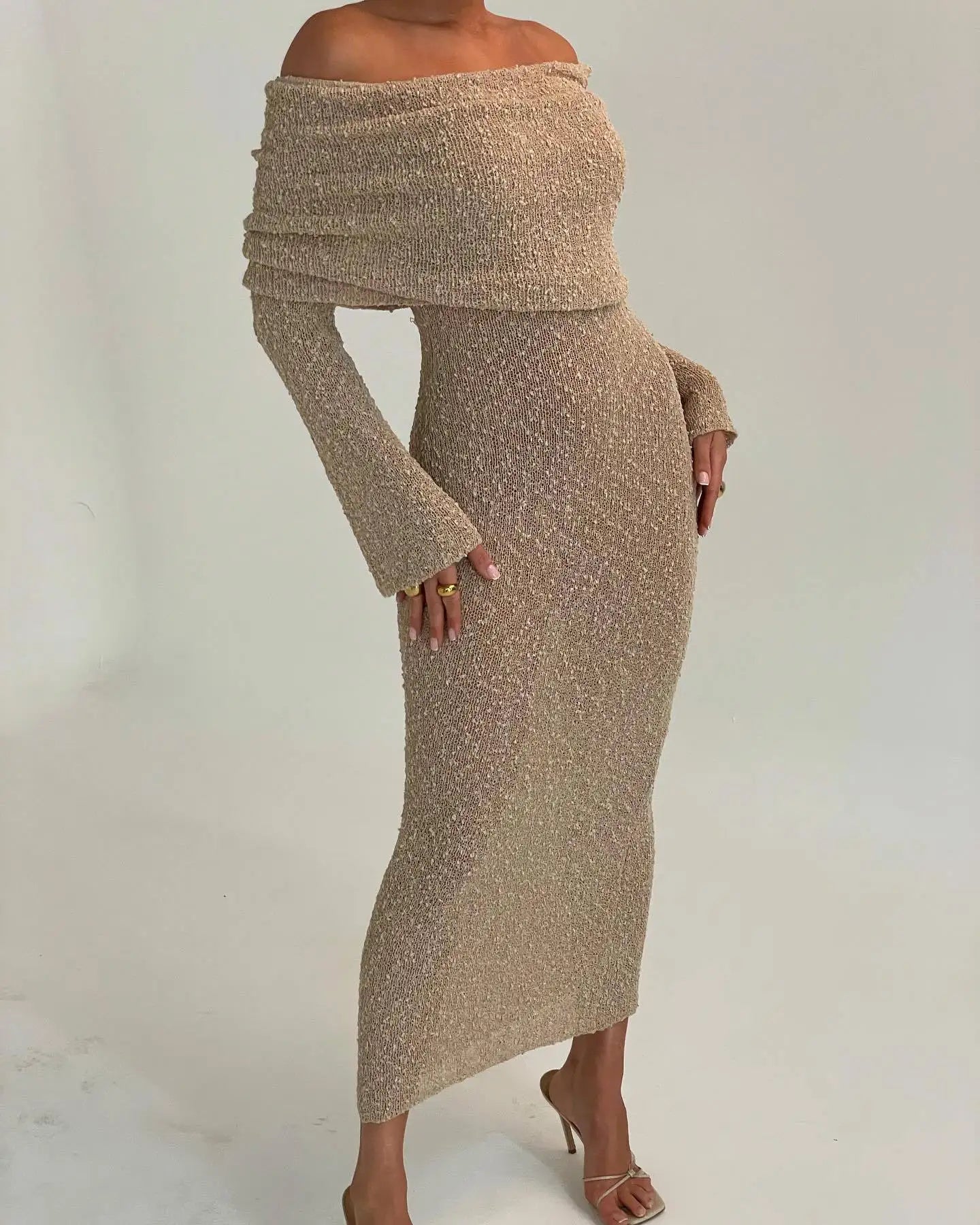 DSMTRC Female Cover up Loose Long Sleeve Holiday Beach Party Dress Women Knitwear Dress Knit Hollow Out Off-Shoulder Maxi Dress