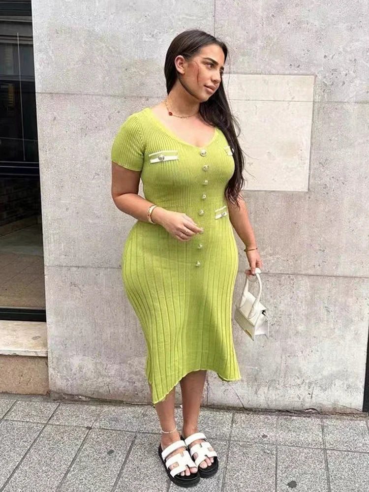 Elegant Knitted Long Single Breasted Bodycon Dress