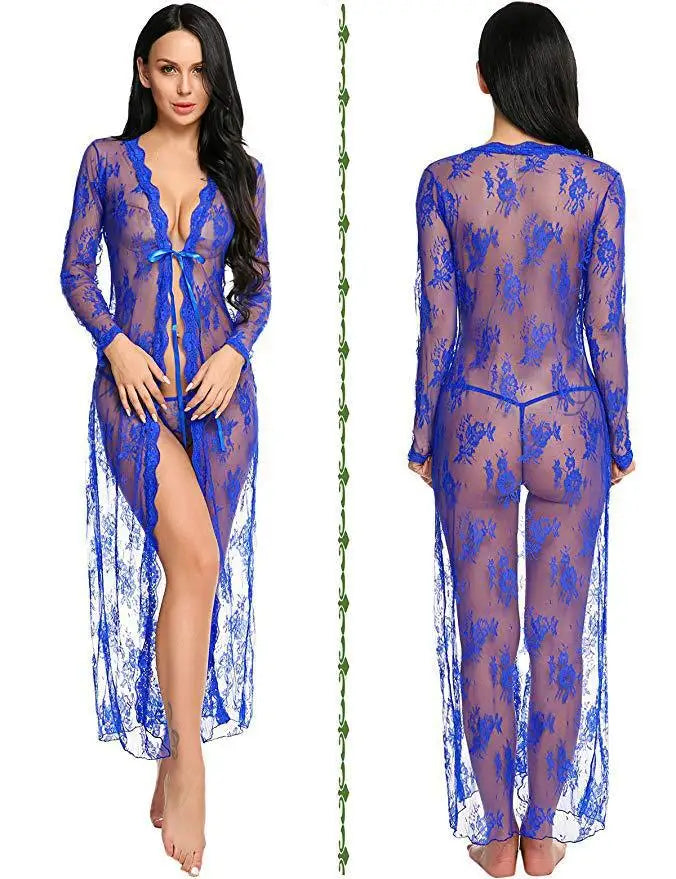 Toucheart Sexy Lace Mesh Transparent Sexy Robe Nightgown Women's See-Through Lace Printing Deep V-Neck Home Ultrathin Nightgown