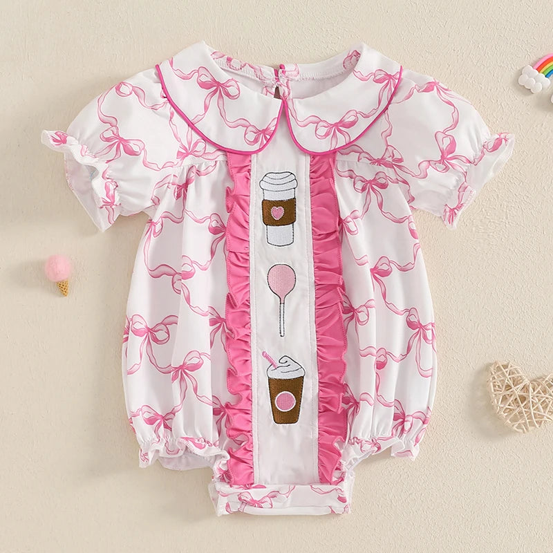 Newborn Baby Girl Romper Outfit Bow Embroidery Short Puff Sleeve Smocked Bubble Romper Doll Collar Bodysuit Jumpsuit Clothes