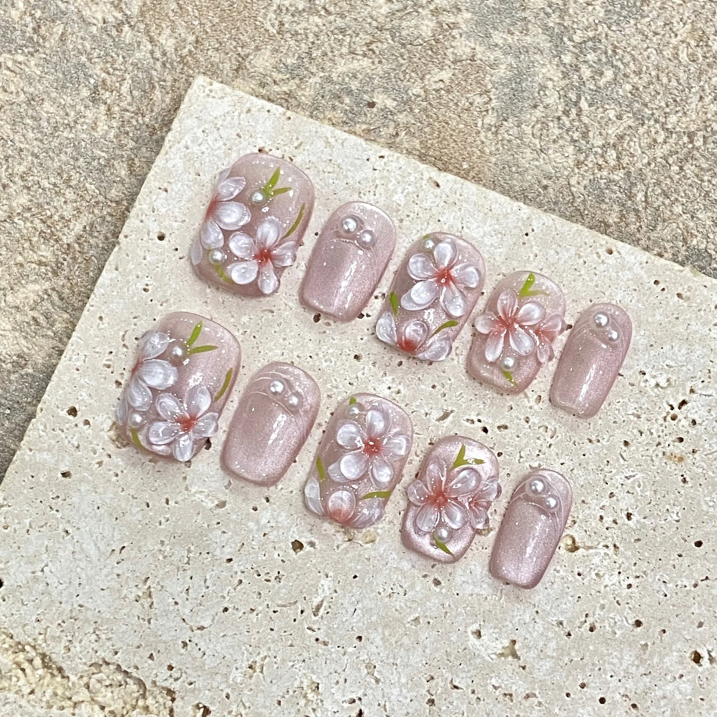 10pcs Handmade Press On Nails Black Pink French Style False Nails With Hand Painted 3D Flower Designs Short T Summer Nails Tips