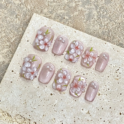 10pcs Handmade Press On Nails Black Pink French Style False Nails With Hand Painted 3D Flower Designs Short T Summer Nails Tips