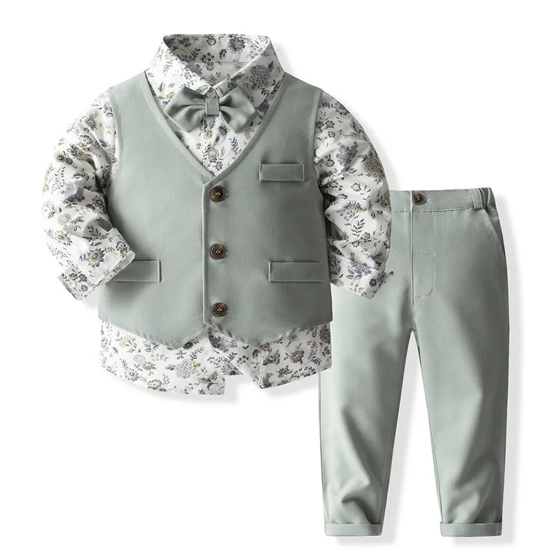 Baby Boy Formal Suit Gentleman Clothes Sets Autumn Children Birthday Wedding Party Dress Suit Sets Bowtie Shirt+Vest+Trouser Set