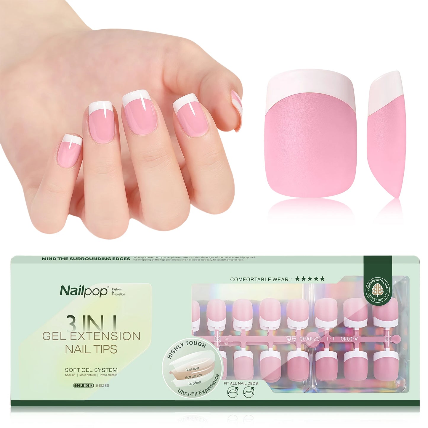 NAILPOP 150PCS Short Coffin Press on Nails 3 in 1 Coat Soft Gel Nail Tips French Tip Press on Nails 15 Sizes of Nail Art DIY