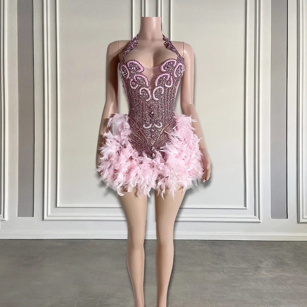 Luxury Rhinestone Black Girls Short Prom Dresses 2025 See Through Red Diamond Feathers Dress