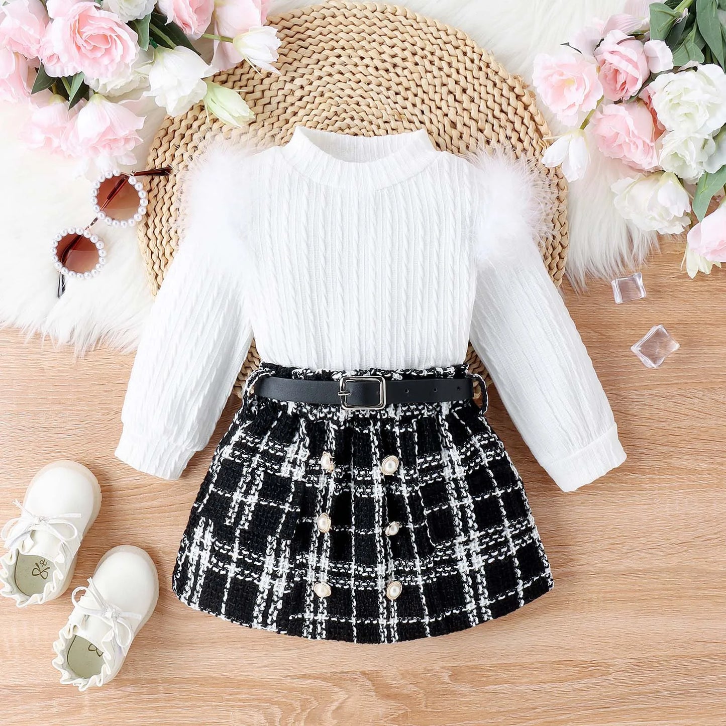 Toddler Girls Long Sleeve Solid Ribbed Tops Plaid Prints Skirts Two Outfits Children Clothes Girl