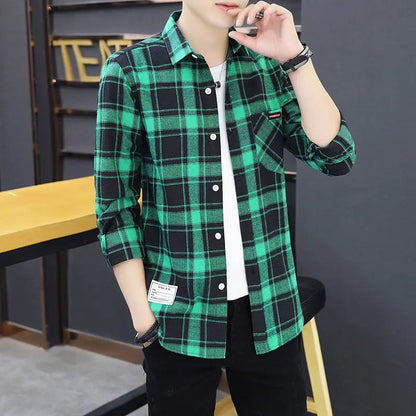 Spring Autumn New Fashion Turn-down Collar Long Sleeve Plaid Blouse Men's Clothing Casual All-match Korean Button Trend Shirts