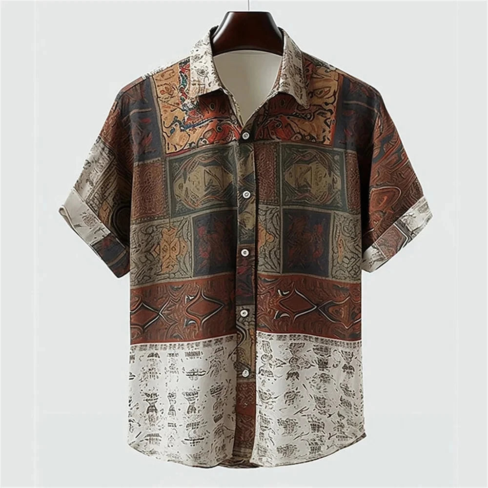 Autumn Ethnic Style Graphic 3D Print Holiday Button Men Clothing Luxury Men's Shirt Casual Short Sleeve Retro Shirt Man Top