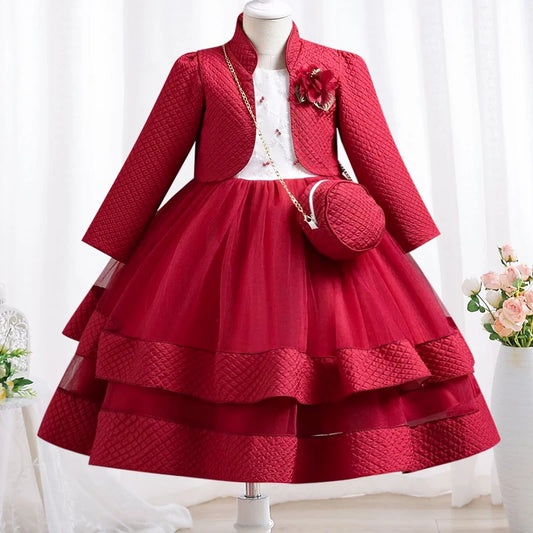 3-piece New Girls' Princess Dress Embroidered Long Sleeve Elegant Girls' Dress Children's Birthday Party Dress+Bag Set