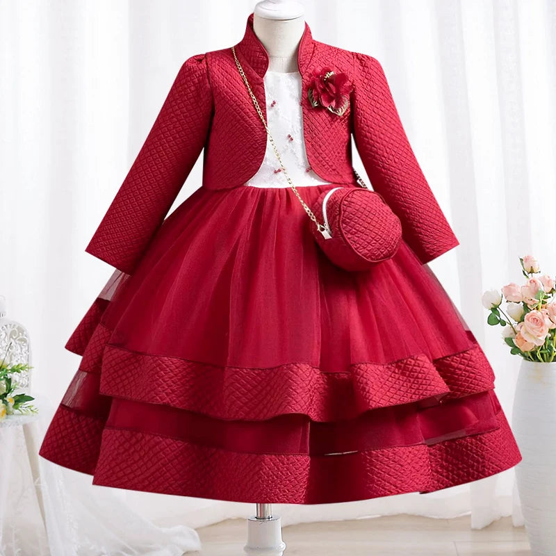 3-piece New Girls' Princess Dress Embroidered Long Sleeve Elegant Girls' Dress Children's Birthday Party Dress+Bag Set