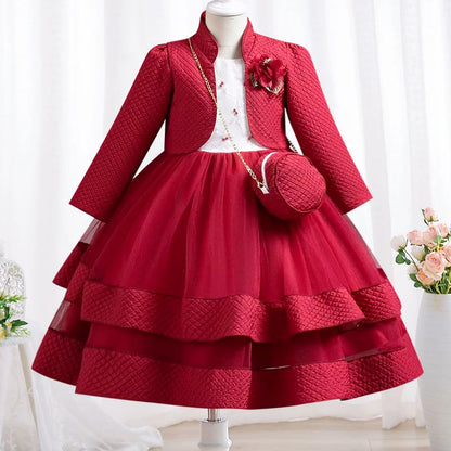 3-piece New Girls' Princess Dress Embroidered Long Sleeve Elegant Girls' Dress Children's Birthday Party Dress+Bag Set