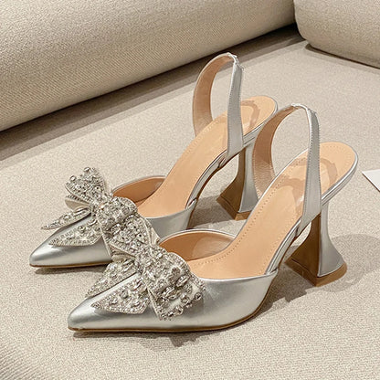 Liyke Fashion Sequined Crystal Bowknot Women Pumps Sexy Pointed Toe Red High Heels Wedding Banquet Shoes Ladies Slingback Sandal