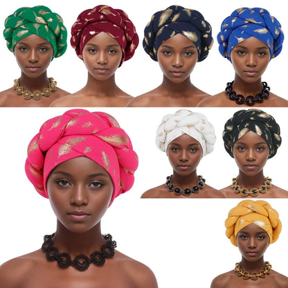 Muslim Headscarf Bonnet Turbante mujer Feather Gold Stamping Braids Turban Cap for Women Fashion African Lady Head Wraps