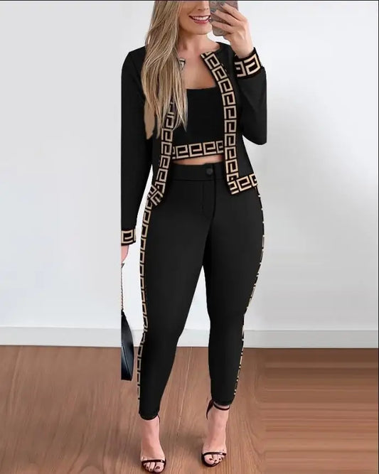 Sets Outifits Women Spring Autumn 3 Piece Set Plaid Print Crop Top & Pants Set With Coat Fashion Casual Elegant