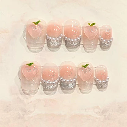 10Pcs Short Round Handmade Press On Nails Full Cover Peach Pink Summer Design Cute False Nails Artificial Manicure False Nails