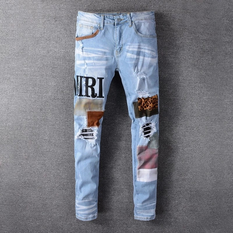 High Street New Hip Hop Jeans Men Fashion Brand Black Blue Patch Embroidery Stretch Slim Fit Jeans Mens Summer Jeans Mens Jeans