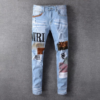 High Street New Hip Hop Jeans Men Fashion Brand Black Blue Patch Embroidery Stretch Slim Fit Jeans Mens Summer Jeans Mens Jeans